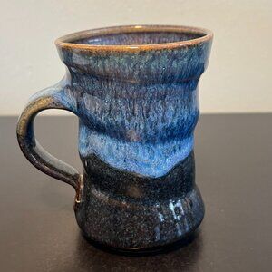 Handcrafted Hand-Thrown Studio Art Ridged Pottery Mug w/ Brown & Blue Drip Glaze